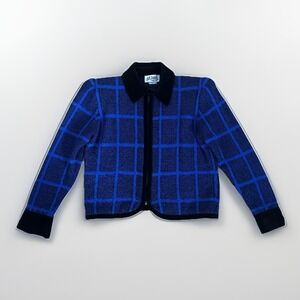 St John Marie Gray Zip Cardigan 6 Blue Check Plaid Knit Black Velvet Trim Pads
